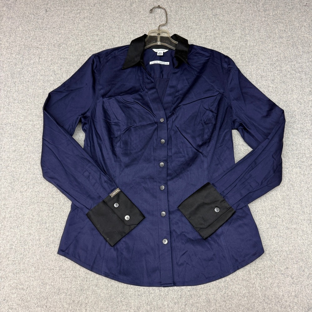 Calvin Klein Button Down Shirt Small Navy Blue Black Contrast Non-Iron Essential